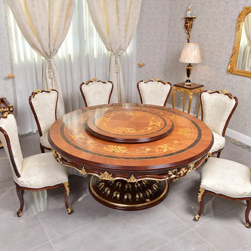 Round Dining Table with Wooden Inlay on Top equipped with a rotating tray