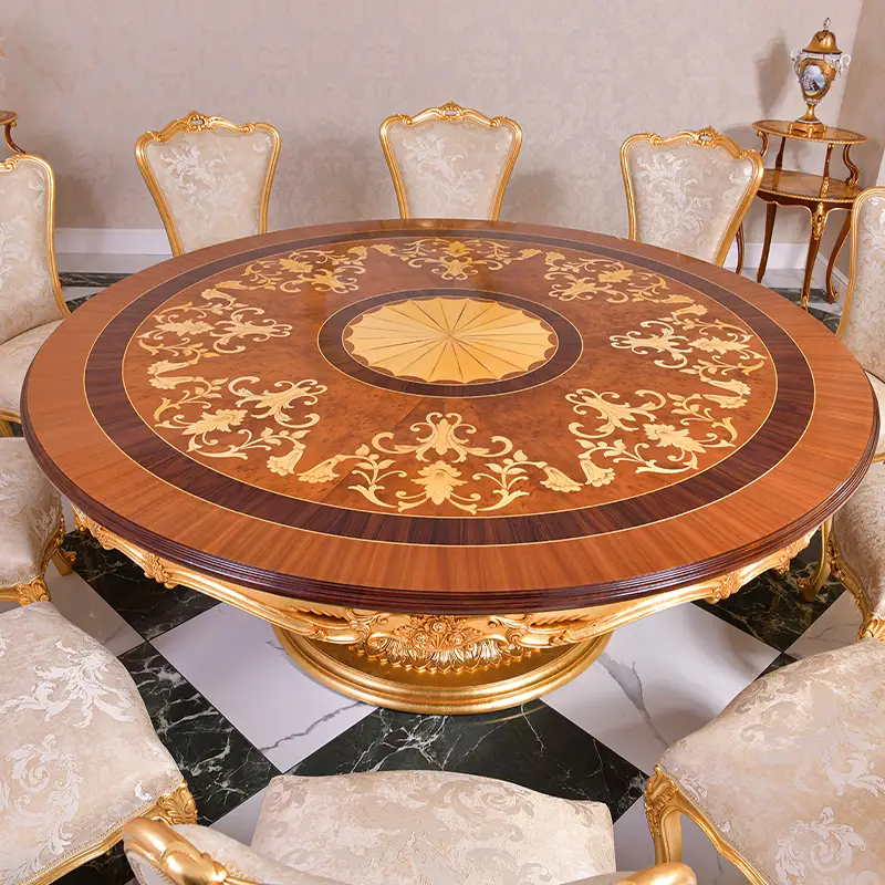 Round Dining Table with Wooden Inlay on Top equipped with a rotating tray