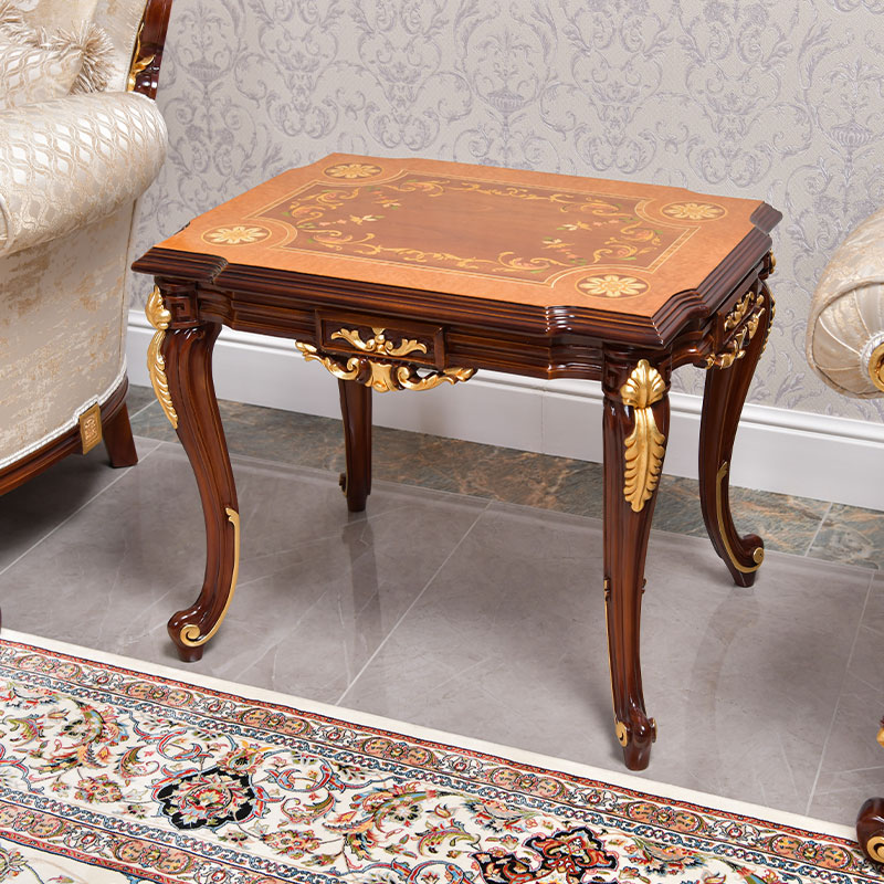 classic design natural wood color and gold leaf side table top decorated with wood inlay