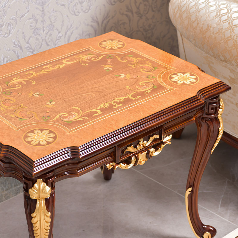 classic design natural wood color and gold leaf side table top decorated with wood inlay