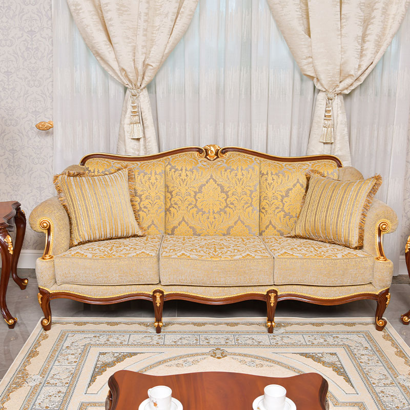 Classic Design Sofa 3 seater with gold color fabrics and wood color finishing