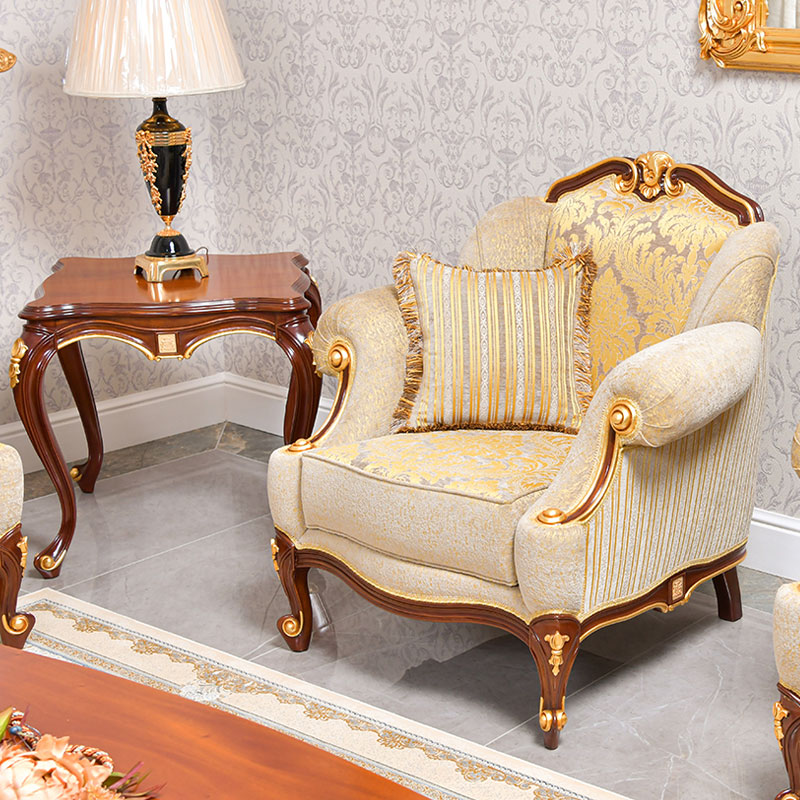 Classic design armchair in natural wood color and Golden fabric