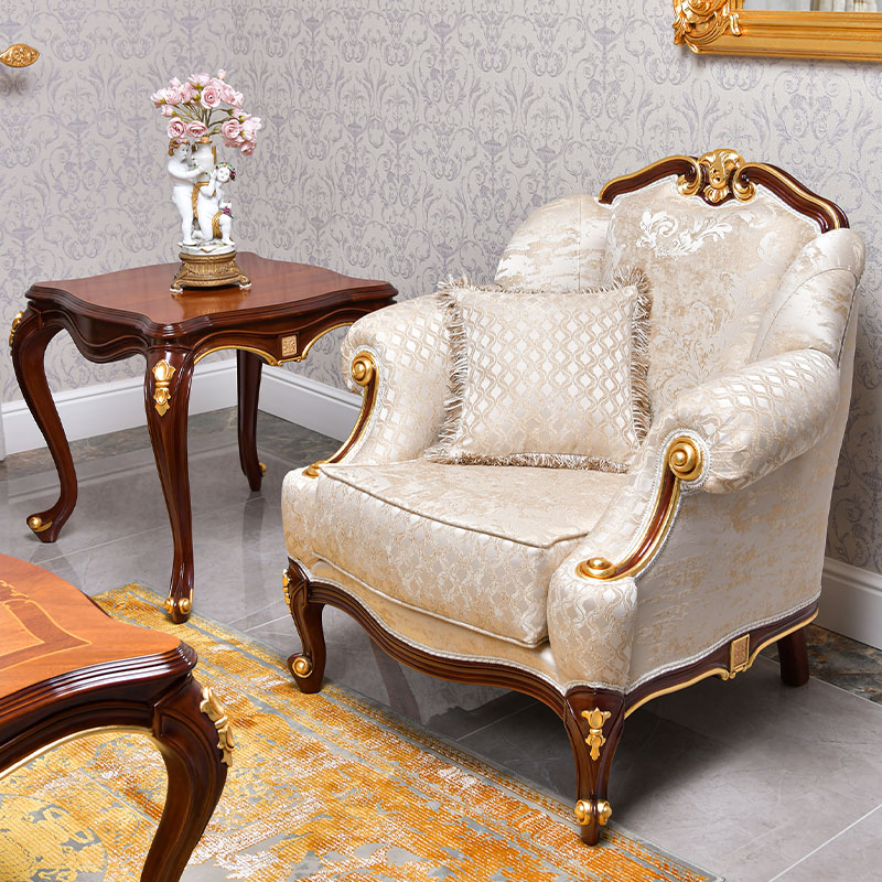 Classic design armchair in natural wood color and Golden fabric