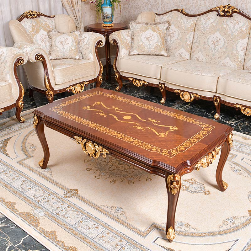 Luxury design Italian wood coffee table in natural wood color finish and top wood Inlay