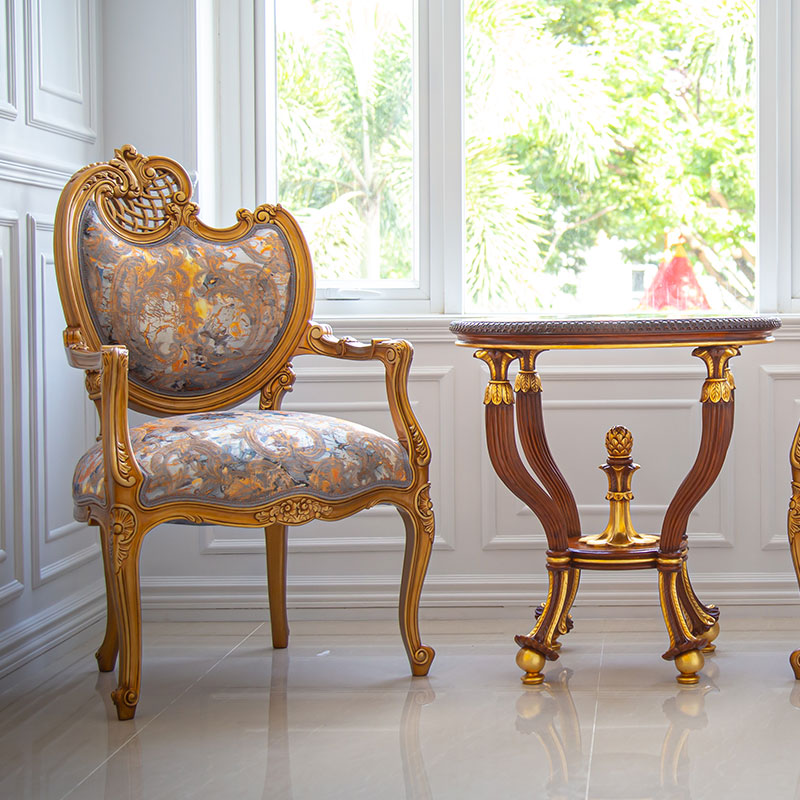 Luxury design Italian armchair model Rococo next to a wooden color side table