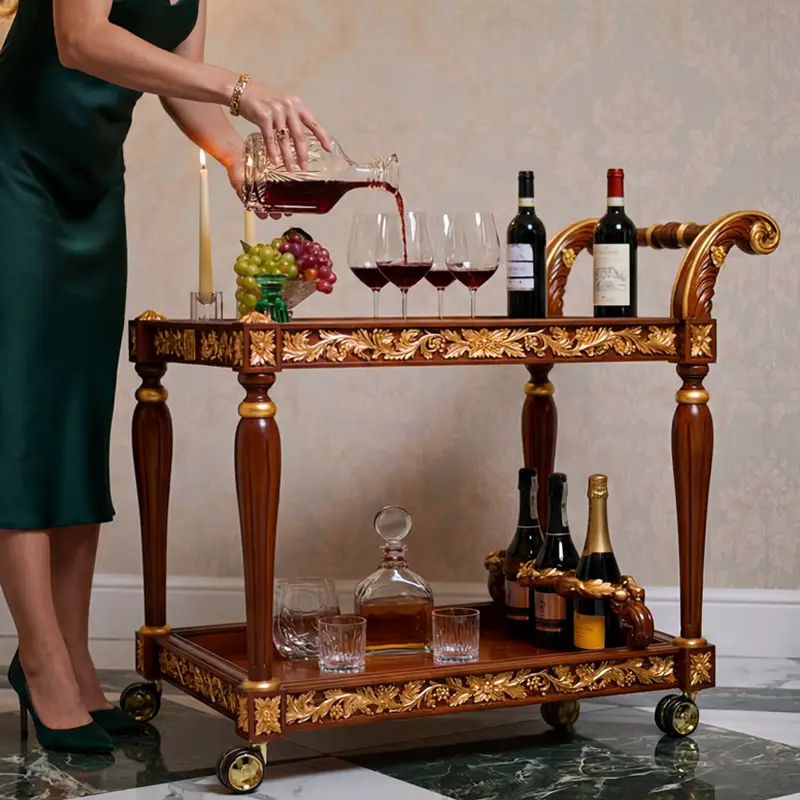 Classic luxury design rolling wine cart and food serving cart suitable to complete your dining room to complete your dining table. Rolling cart for serving food and drinks to be used in home, hotels or resorts.