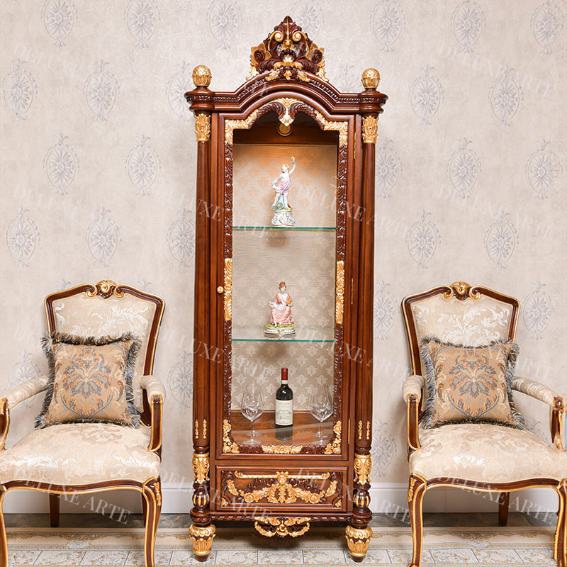Classic vintage design wooden showcase and vitrine in natural wood color and gold leaf finishing
