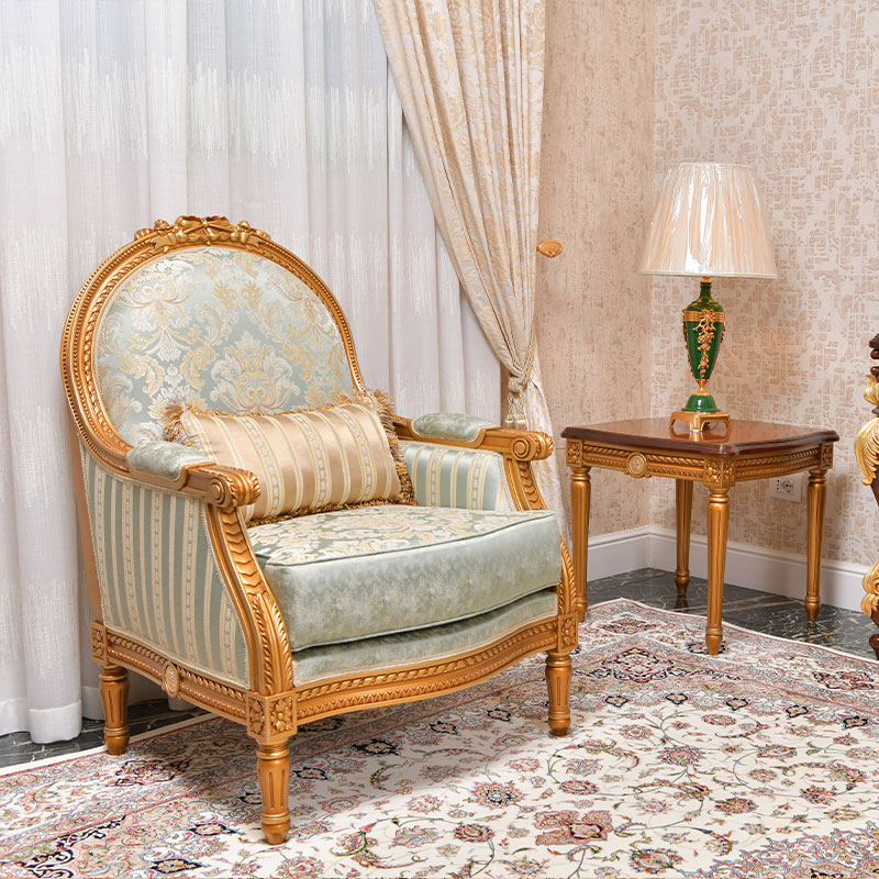 Classic Italian Armchair in green fabric and gold finishing color
