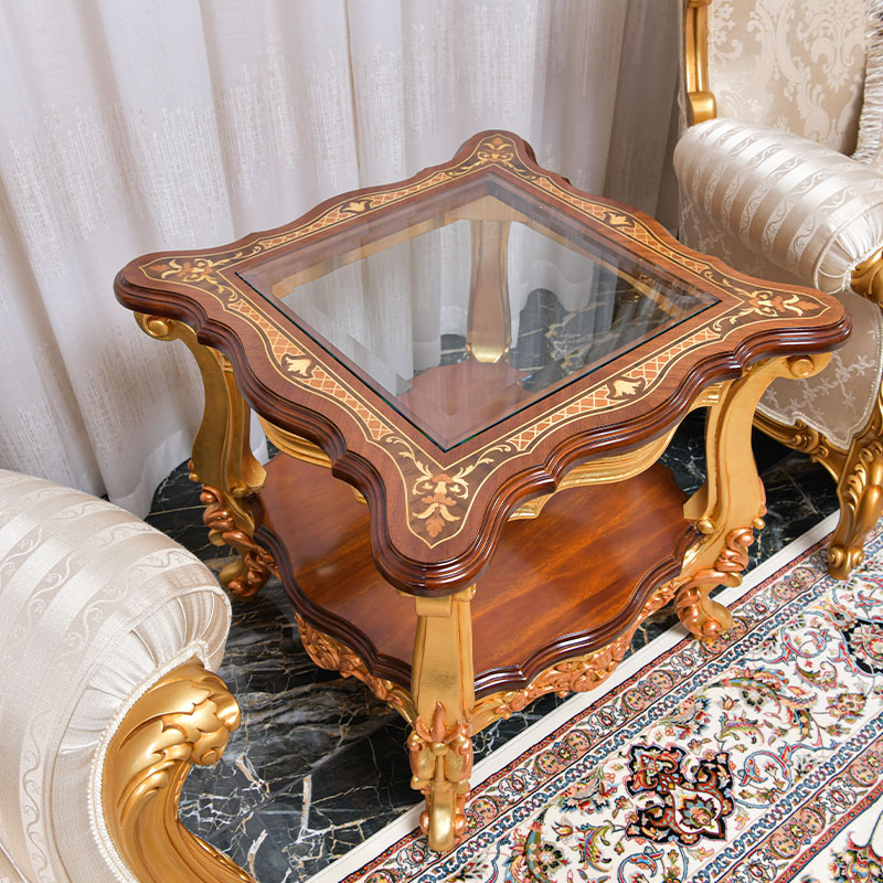 Princess design side table in Natural wood color with top solid wood Inlay and glass