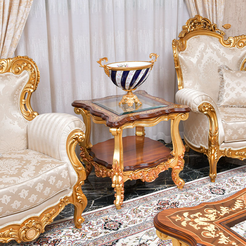 Princess design side table in Natural wood color with top solid wood Inlay and glass