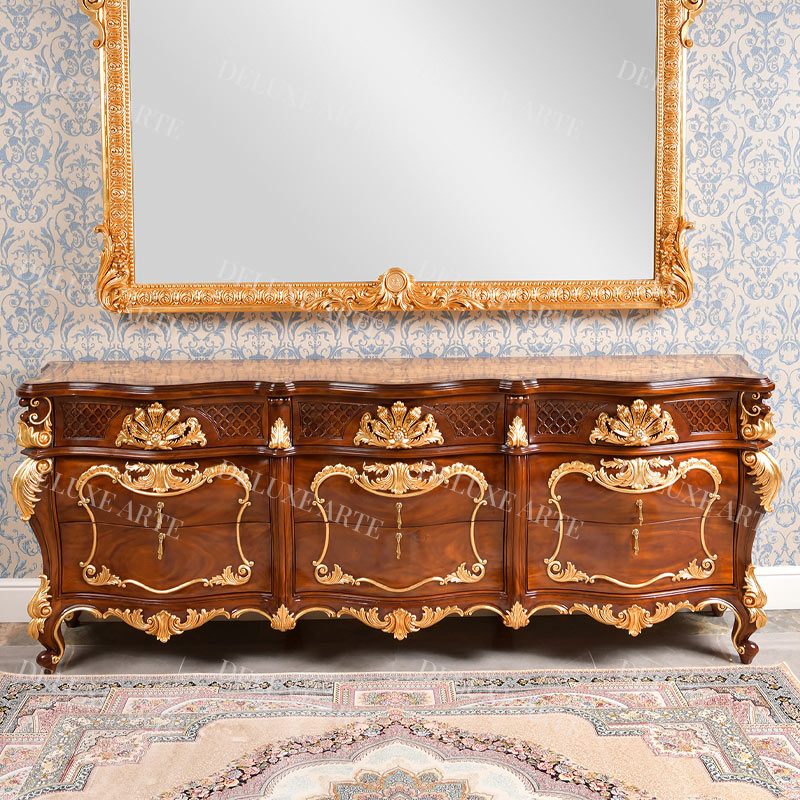 Classic design wooden sideboard and buffet natural wood color and gold leaf