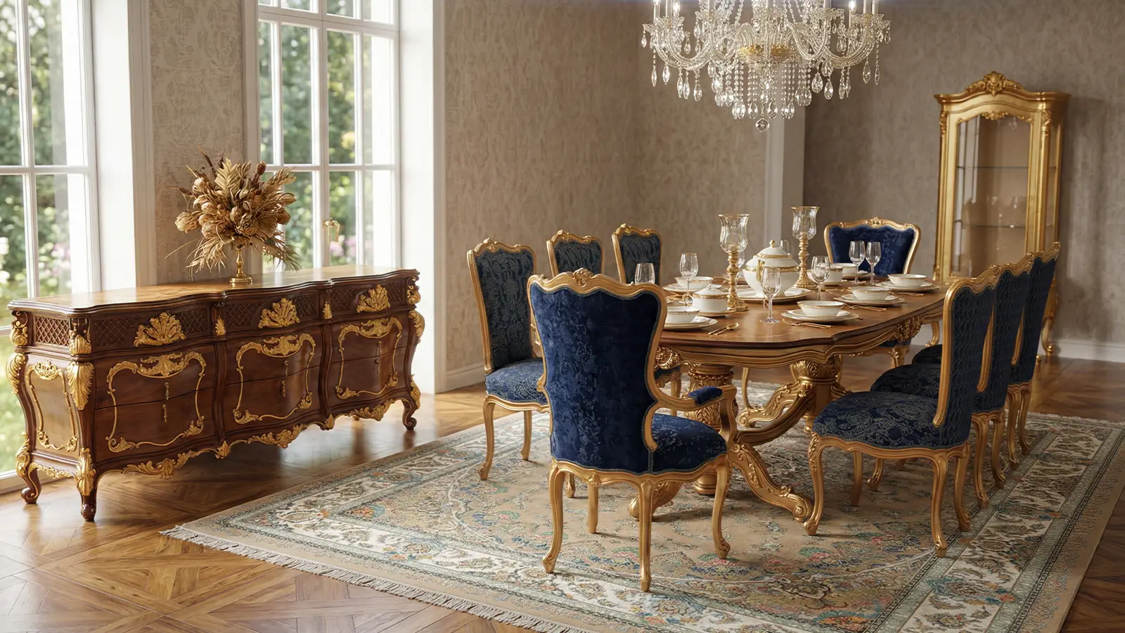 Classic Luxury Design Dining Table set made in Italy in a classic luxury dining room