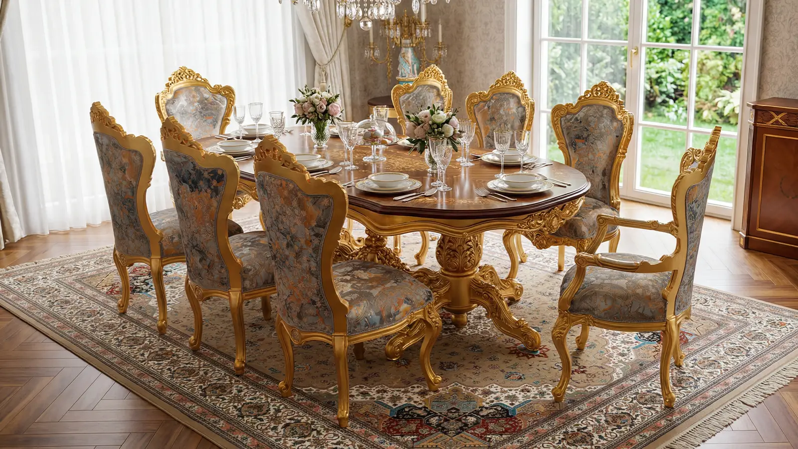 Classic Luxury Design Dining Table set made in Italy in a classic luxury dining room